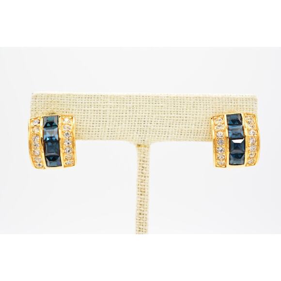 Givenchy Vintage Crystal Earrings Square Blue Rhinestone Gold Signed 1980s BinQ - Picture 1 of 12